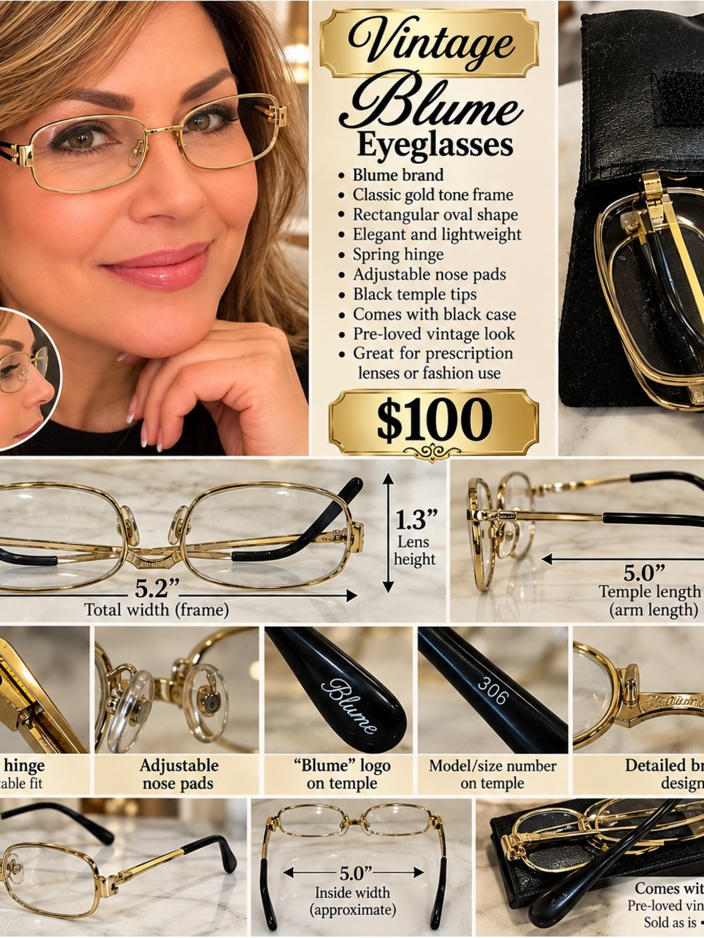 Vintage Gold Tone Rectangular-Oval Eyeglasses with Black Temples